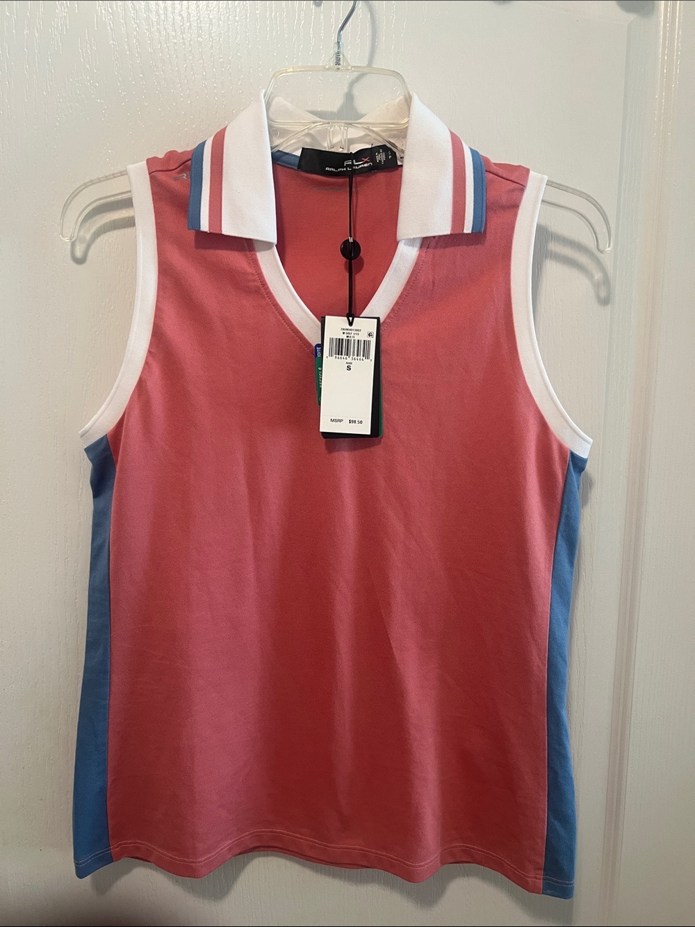 NWT Ralph Lauren RLX Sleeveless Pink Polo Tank Top with Blue Side Panels. Size S